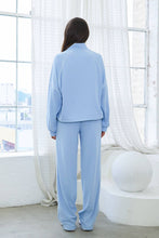 Load image into Gallery viewer, Powder blue French terry tracksuit set w/ piping trim and adjustable top
