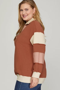 PLUS TYRA - Cinnamon COLOR BLOCK SLEEVE V NECK FRENCH TERRY SWEATSHIRT