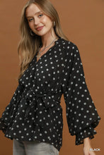 Load image into Gallery viewer, UMGEE Black Polka Dot Split Neck Blouse with Ruffle Cuffs
