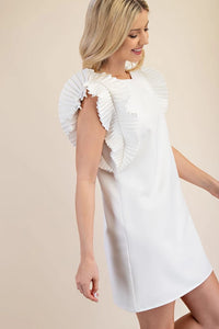 ANNA- White pleated shoulder fully lined mini dress