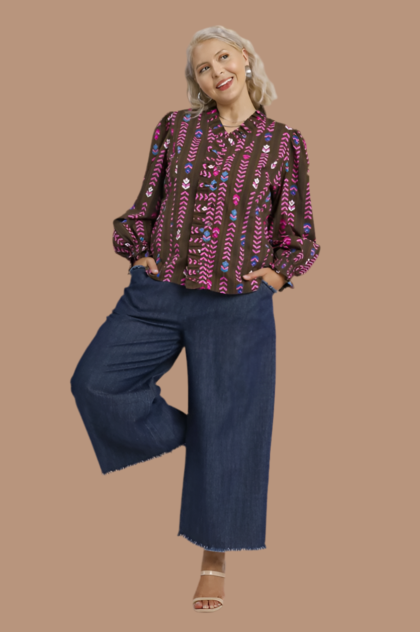Plus Lala- Umgee exclusive chocolate printed Victorian collared top