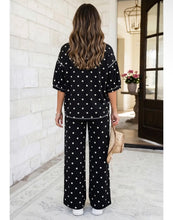 Load image into Gallery viewer, Black polka dot crewneck two piece wide leg pants set
