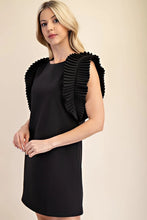 Load image into Gallery viewer, ANNA- Black pleated shoulder fully lined mini dress
