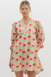 GLORY- Floral print elasticated ¾ sleeve pullover mini swing dress