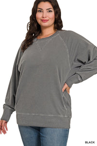 Plus Zena- Washed Black Pigment dyed French Terry sweatshirt with pockets