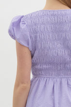 Load image into Gallery viewer, ZAIRA- Solid textured lavender  bubble sleeve fit and flare dress with bow details
