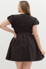 Load image into Gallery viewer, PLUS ZAIRA- Solid black textured bubble sleeve fit and flare dress with bow details
