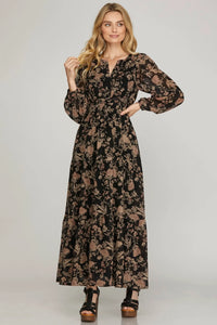 Natalie- Long Sleeve Black woven Floral Print Maxi dress