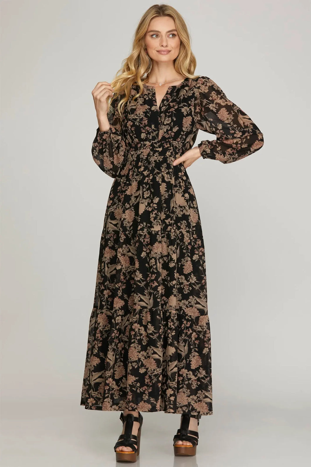 Natalie- Long Sleeve Black woven Floral Print Maxi dress