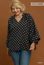 Load image into Gallery viewer, UMGEE Plus Black Polka Dot Split Neck Blouse with Ruffle Cuffs
