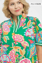 Load image into Gallery viewer, Plus Emerald Jacquard Paisley Print Puff Sleeve Tunic Dress
