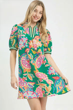 Load image into Gallery viewer, Emerald Jacquard Paisley Print Puff Sleeve Tunic Dress
