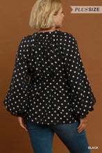 Load image into Gallery viewer, UMGEE Plus Black Polka Dot Split Neck Blouse with Ruffle Cuffs
