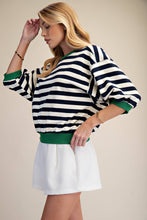 Load image into Gallery viewer, Navy- Round Neck Bubble Sleeve striped contrast hem Sweatshirt
