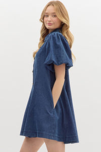 OLIVIA- dark wash Denim short bubble sleeve swing mini dress featuring accented gold buttons