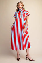 Load image into Gallery viewer, Glam powder blue/red Striped Stand High Neck Stripe Midi Dress
