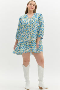 PLUS Daria- Blue Floral print band cuff ¾ sleeve pullover mini dress featuring oversized collar with contrast trim