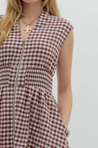 Montana- Chocolate Gingham smocked waist zip up midi dress