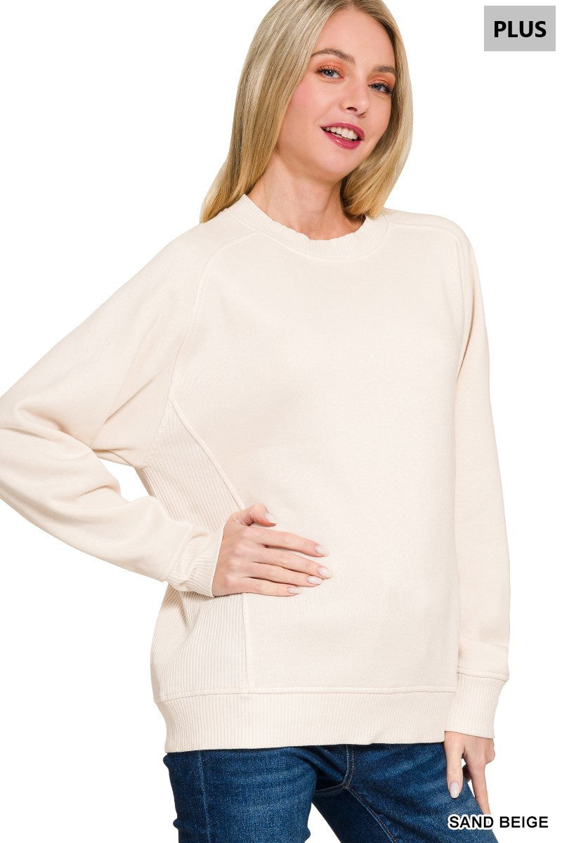Plus Morgan- Sand Beige Mocha Ribbed side raglan sweatshirt