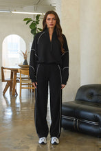 Load image into Gallery viewer, Black  French terry tracksuit set w/ piping trim and adjustable top
