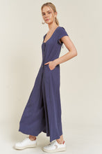 Load image into Gallery viewer, PLUS COCO- Linen NAVY button down cropped wide leg jumpsuit
