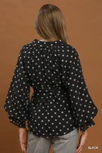 Load image into Gallery viewer, UMGEE Black Polka Dot Split Neck Blouse with Ruffle Cuffs
