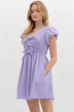 Load image into Gallery viewer, ZAIRA- Solid textured lavender  bubble sleeve fit and flare dress with bow details
