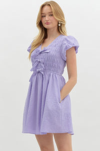 ZAIRA- Solid textured lavender  bubble sleeve fit and flare dress with bow details