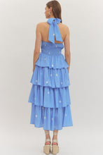 Load image into Gallery viewer, ENTRO- Blue Polka dot halter tiered maxi dress
