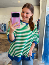 Load image into Gallery viewer, Kelly Green striped oversized top with royal blue details
