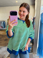 Kelly Green striped oversized top with royal blue details