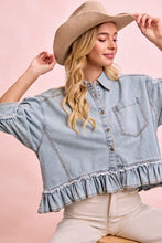 Load image into Gallery viewer, Light wash denim ruffled hem button up
