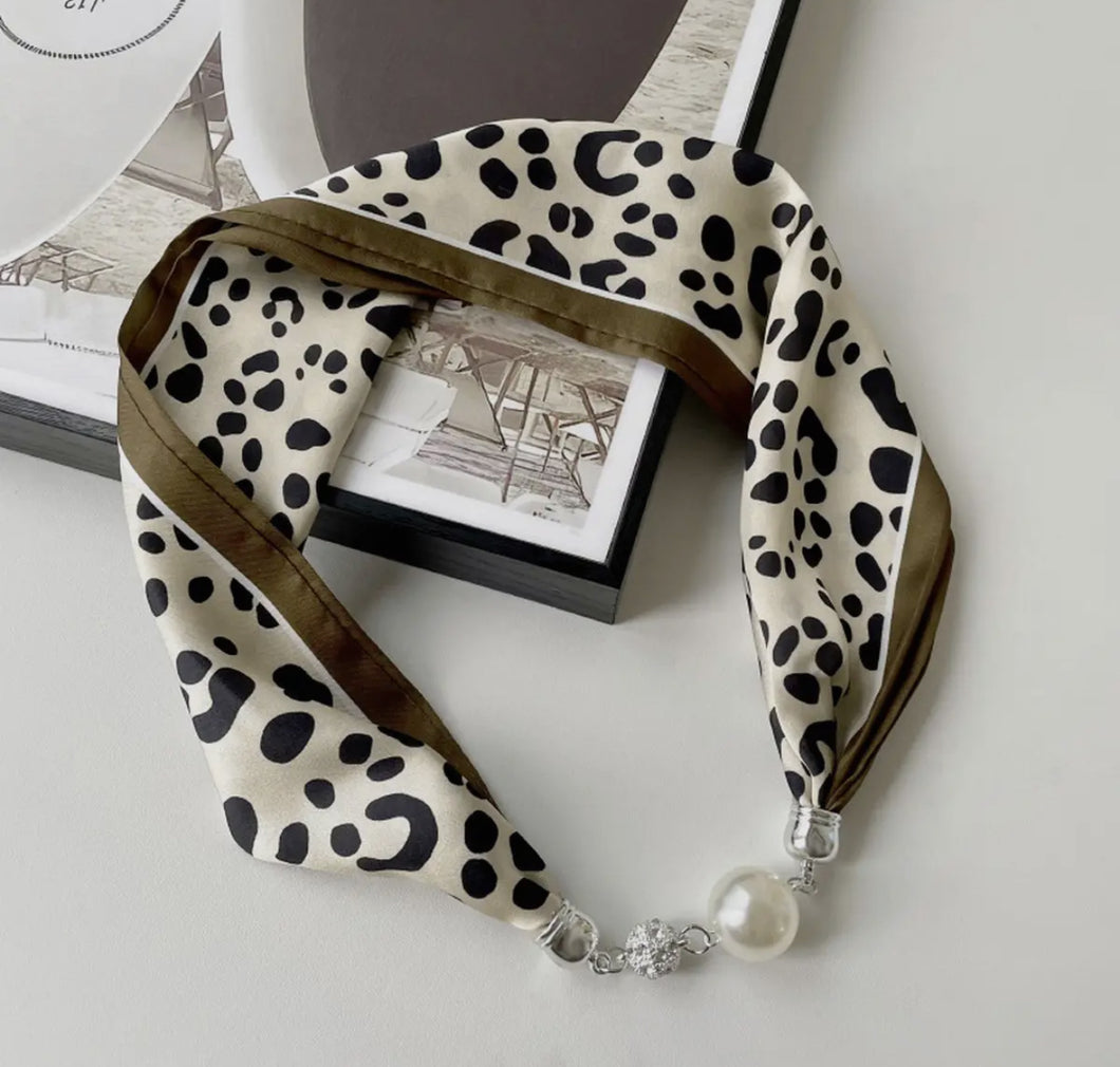 Magnetic pearl clasp Animal print Silk Scarf designer inspired  Necklace - Elegant Neck Wrap