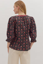 Load image into Gallery viewer, Black  Botanical print contrast detail ruffle cuff top
