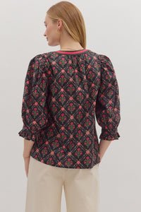Black  Botanical print contrast detail ruffle cuff top