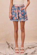 Load image into Gallery viewer, BRAIDED WAIST BELT PATCH POCKETS FLORAL PRINT DENIM SHORTS
