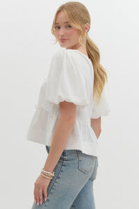 MYLIE- Off white Solid puff sleeve peplum  self bow tie  top