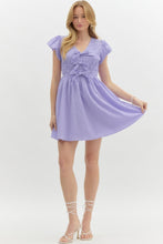 Load image into Gallery viewer, ZAIRA- Solid textured lavender  bubble sleeve fit and flare dress with bow details
