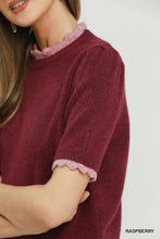 Load image into Gallery viewer, UMGEE raspberry Scalloped pink trimmed Puff Sleeve Knit Sweater Top
