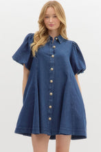 Load image into Gallery viewer, OLIVIA- dark wash Denim short bubble sleeve swing mini dress featuring accented gold buttons
