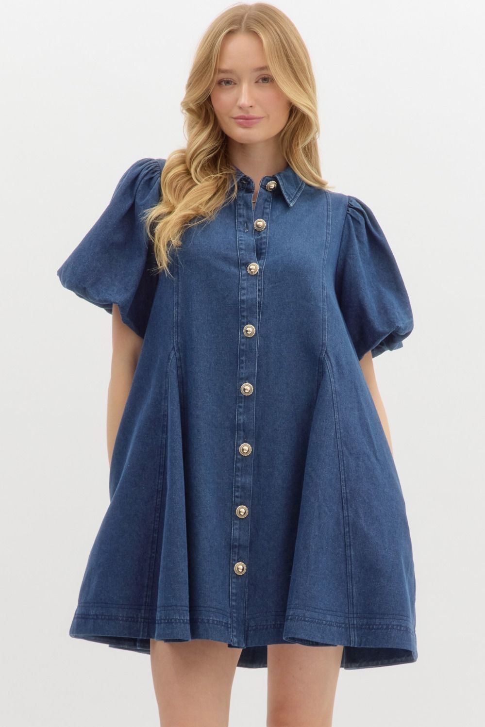 OLIVIA- dark wash Denim short bubble sleeve swing mini dress featuring accented gold buttons