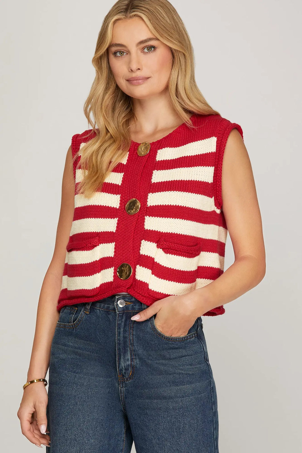 LALA- Red large Gold button Down Striped Vest