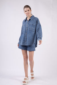 ABBIE- Indigo oversized denim button up top