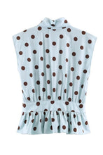Load image into Gallery viewer, Polka dot bow tie baby blue/brown button down top #0811
