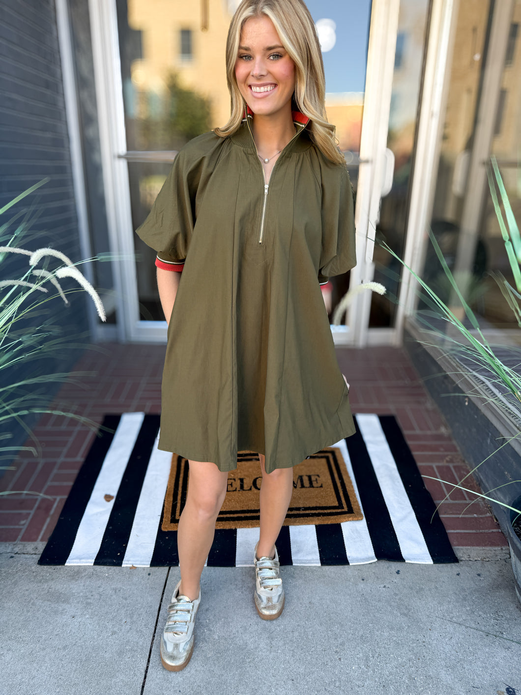 Soho- Olive/rust High collared mock neck quarter zip dress with pockets
