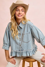 Load image into Gallery viewer, Light wash denim ruffled hem button up
