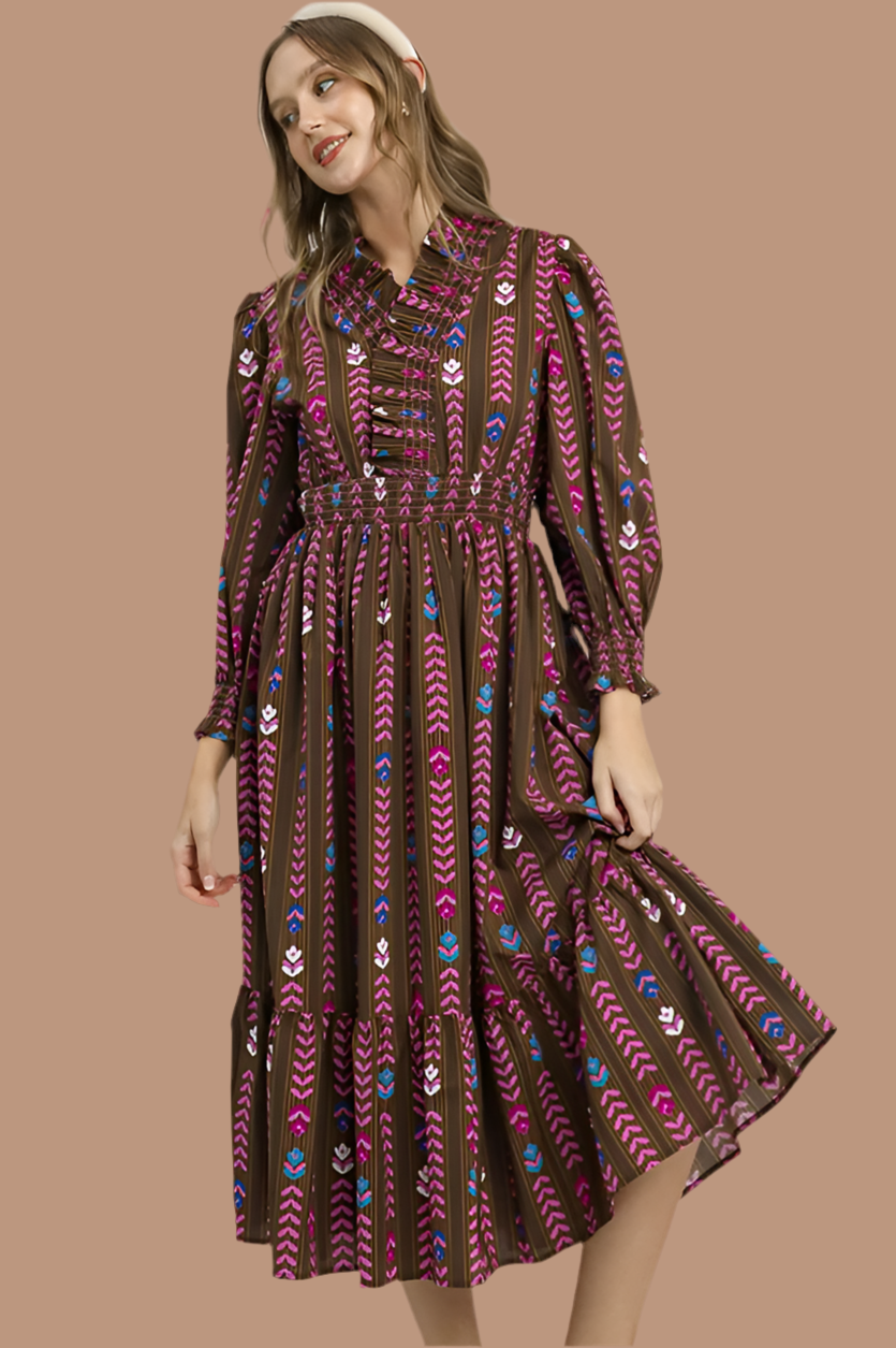 Lala- Midi length chocolate printed Umgee exclusive dress