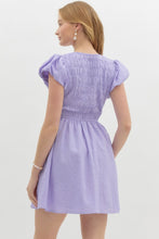 Load image into Gallery viewer, ZAIRA- Solid textured lavender  bubble sleeve fit and flare dress with bow details
