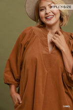 Load image into Gallery viewer, UMGEE Plus V neck camel shift dress with pockets
