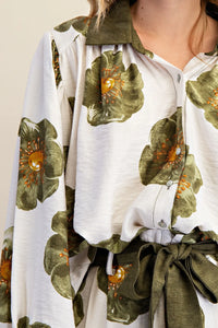 Dalia- Olive Large Floral Print wide leg button down top
